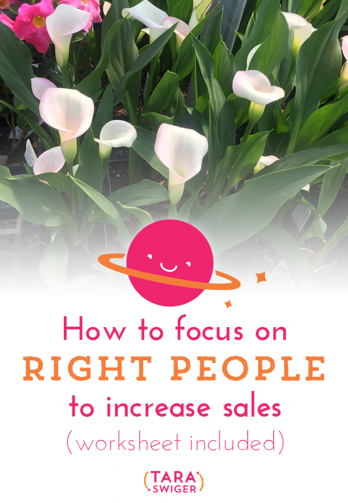 Get more buyers by focusing on the RIGHT people. This is the heart of effective marketing - speak directly to the person who is going to love (and want) what you sell. Remember, you’re not trying to convince anyone, you’re giving (compelling!) info to interested people. But how do you figure out who that person is? Are you limiting yourself by just focusing in on one set of Right People? And how do you find out where they are? In this episode we’ll discuss Why focusing on your Right People IS scary (and why you need to do it anyway) How to find the people + be where they are. 5 questions to get closer to your people Want to focus on YOUR Right People? Apply what you learned in today’s episode with a free worksheet (and today's transcript!) Get them both at TaraSwiger.com/podcast117/